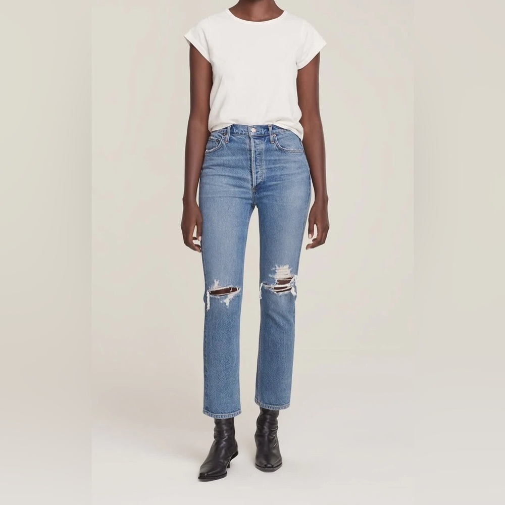 Agolde Denim Women’s Riley High Rise Distressed Straight Crop Jeans Whiplash 30